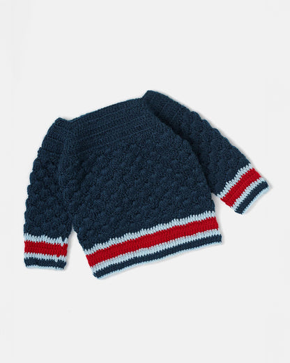 The Original Knit Navy Blue & Red Winter Wear Sweater-Teddy in a Bow-Acrylic-For Infants