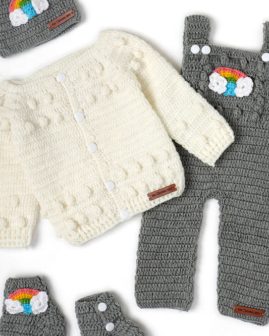 The Original Knit Off White & Grey Winter Wear Dungaree Set-A Piece of Rainbow-Acrylic-For Infants