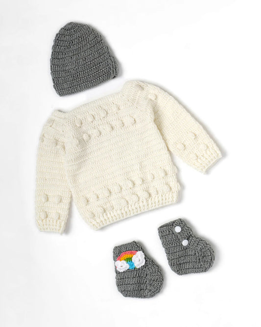 The Original Knit Off White & Grey Winter Wear Dungaree Set-A Piece of Rainbow-Acrylic-For Infants