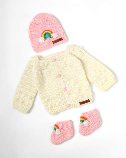 The Original Knit Off White & Pink Winter Wear Dungaree Set-A Piece of Rainbow-Acrylic-For Infants