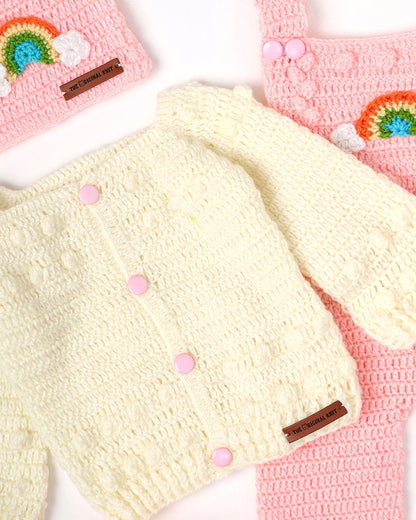 The Original Knit Off White & Pink Winter Wear Dungaree Set-A Piece of Rainbow-Acrylic-For Infants