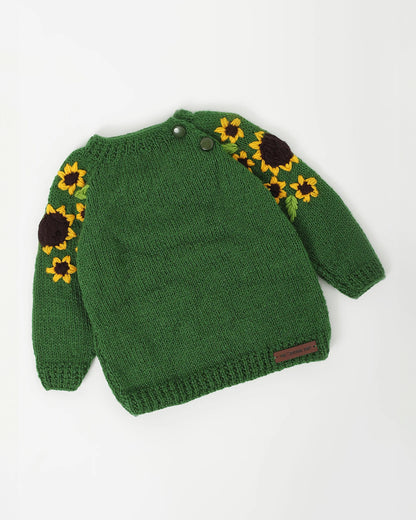 The Original Knit Dark Green Winter Wear Sweater-Sunflower Patch-Acrylic-For Infants