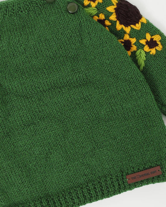 The Original Knit Dark Green Winter Wear Sweater-Sunflower Patch-Acrylic-For Infants