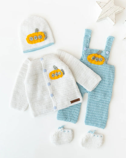 The Original Knit White & Ice Blue Winter Wear Dungaree Set-Aeroplane Adventure-Acrylic-For Infants