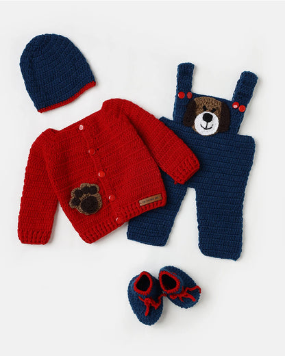 The Original Knit Red & Blue Winter Wear Dungaree Set-Paw-some Playtime-Acrylic-For Infants