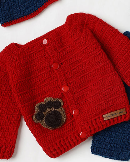 The Original Knit Red & Blue Winter Wear Dungaree Set-Paw-some Playtime-Acrylic-For Infants