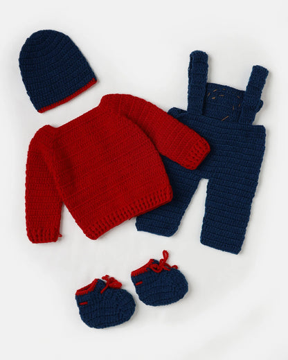 The Original Knit Red & Blue Winter Wear Dungaree Set-Paw-some Playtime-Acrylic-For Infants