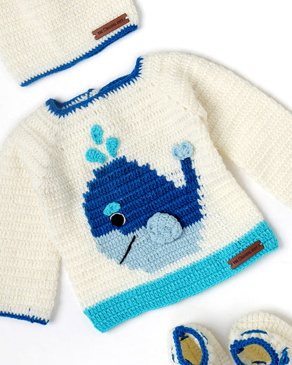 The Original Knit Off White & Blue Winter Wear Sweater-Whale Under The Sea-Acrylic-For Infants
