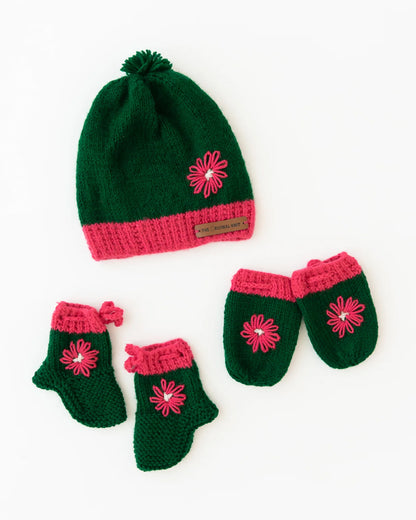 The Original Knit Green & Pink Combo Set-Flower-Acrylic-For Infants