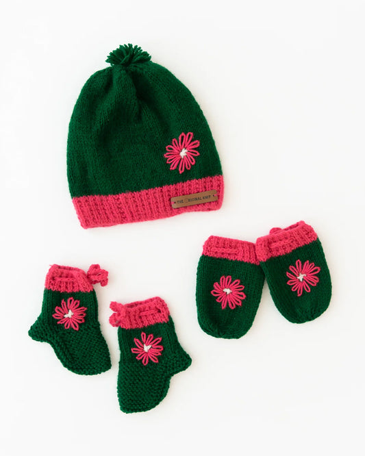 The Original Knit Green & Pink Winter Wear Combo Set-Flower-Acrylic-For Infants