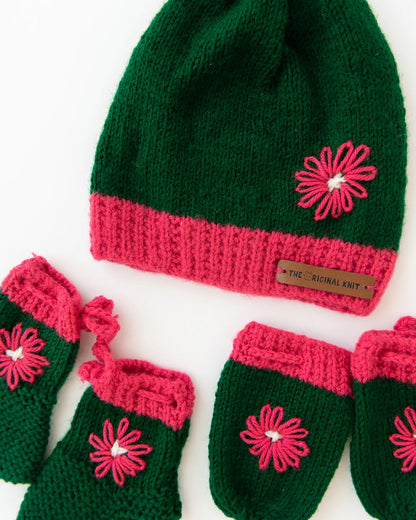 The Original Knit Green & Pink Combo Set-Flower-Acrylic-For Infants