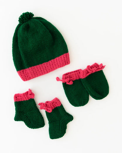 The Original Knit Green & Pink Combo Set-Flower-Acrylic-For Infants