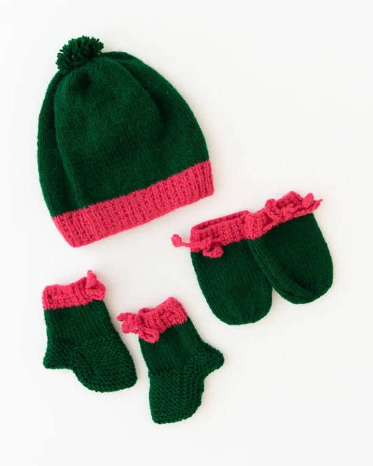 The Original Knit Green & Pink Winter Wear Combo Set-Flower-Acrylic-For Infants