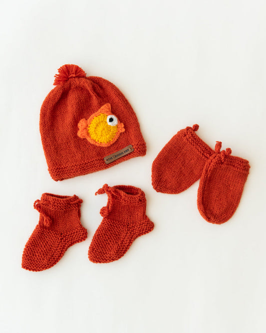 The Original Knit Rust Winter Wear Combo Set-Fish Embellished-Acrylic-For Infants