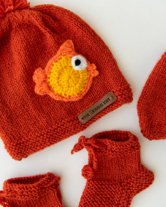 The Original Knit Rust Winter Wear Combo Set-Fish Embellished-Acrylic-For Infants