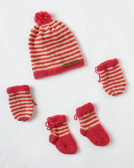 The Original Knit Off White & Pink Winter Wear Combo Set-Striped-Acrylic-For Infants