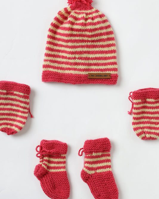 The Original Knit Off White & Pink Winter Wear Combo Set-Striped-Acrylic-For Infants