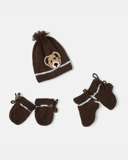 The Original Knit Dark Brown Winter Wear Combo Set-Teddy-Acrylic-For Infants