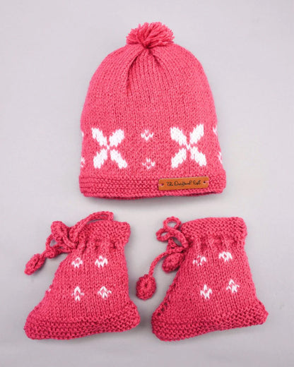 The Original Knit Pink & White Winter Wear Combo Set-Patterned-Acrylic-For Infants