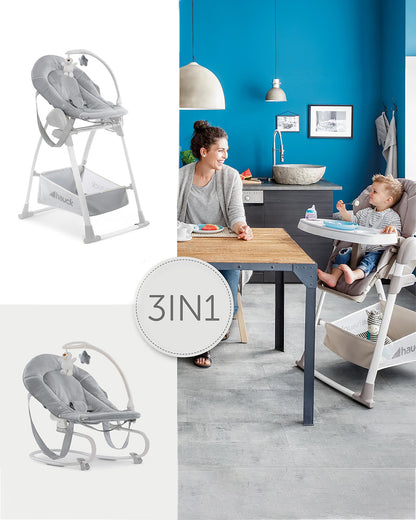 Hauck Sit N Relax 3in1 Baby High Chair-Feeding Chair, Bouncer & Toddler Seat-Adjustable and Removable Food Tray-For 0 to 3Y (Upto 15Kg)-Grey