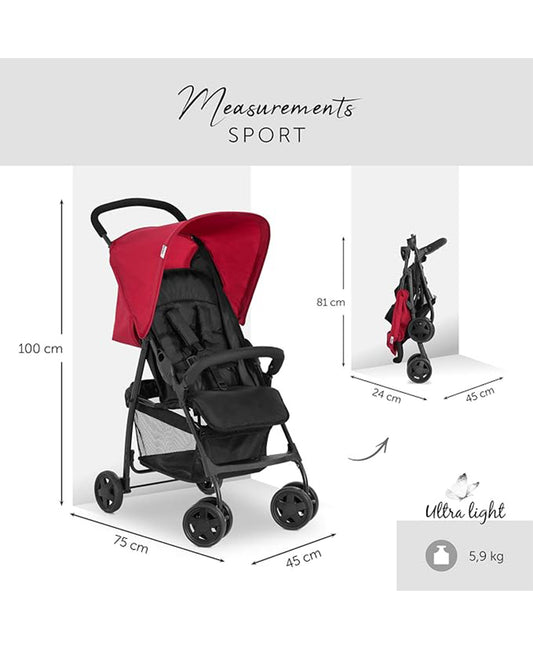 Hauck Sport Lightweight Baby Stroller-4-Position Leg Rest-Detachable Front Bar-Pram for 0 to 3Y (Upto 15Kg)-Red