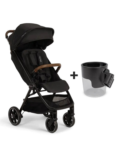 Nuna TRVL LX Cabin Friendly Baby Stroller-With Cup Holder-One Hand Fold-Big Rear Wheels-Car Seat Compatible-Includes Rain Cover & Travel Bag-2 Years Warranty-Pram for 0 to 4Y (Upto 22Kg)-Caviar