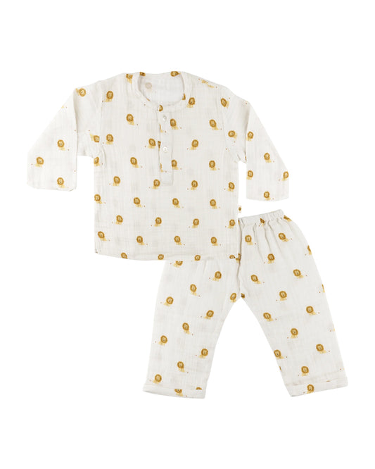 Dulaar Just Lion Around Top & Pajama Set-Printed-Long Sleeves-Organic Cotton-For Infants