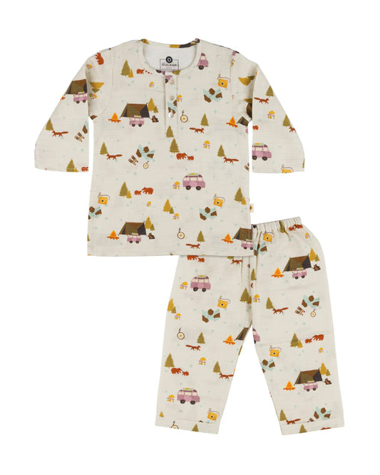 Dulaar The Happy Camper Top & Pajama Set-Printed-Long Sleeves-Organic Cotton-For Infants