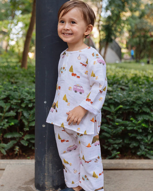 Dulaar The Happy Camper Top & Pajama Set-Printed-Long Sleeves-Organic Cotton-For Infants