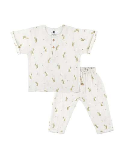 Dulaar Green Zen Top & Pajama Set-Printed-Short Sleeves-Organic Cotton-For Infants