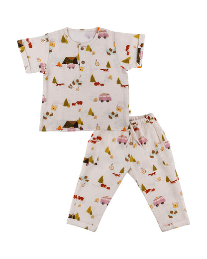 Dulaar The Happy Camper Top & Pajama Set-Printed-Short Sleeves-Organic Cotton-For Infants