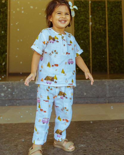 Dulaar The Happy Camper Top & Pajama Set-Printed-Short Sleeves-Organic Cotton-For Infants