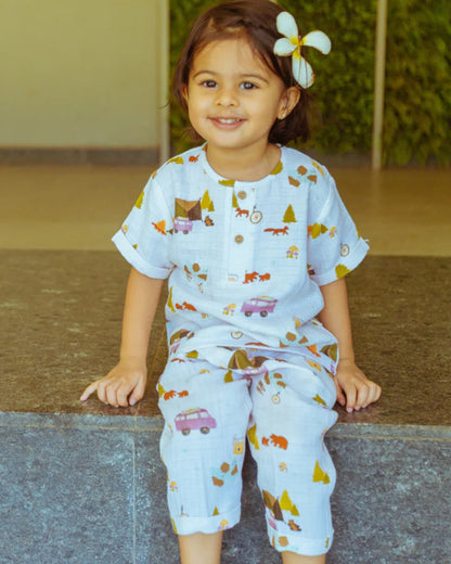 Dulaar The Happy Camper Top & Pajama Set-Printed-Short Sleeves-Organic Cotton-For Infants