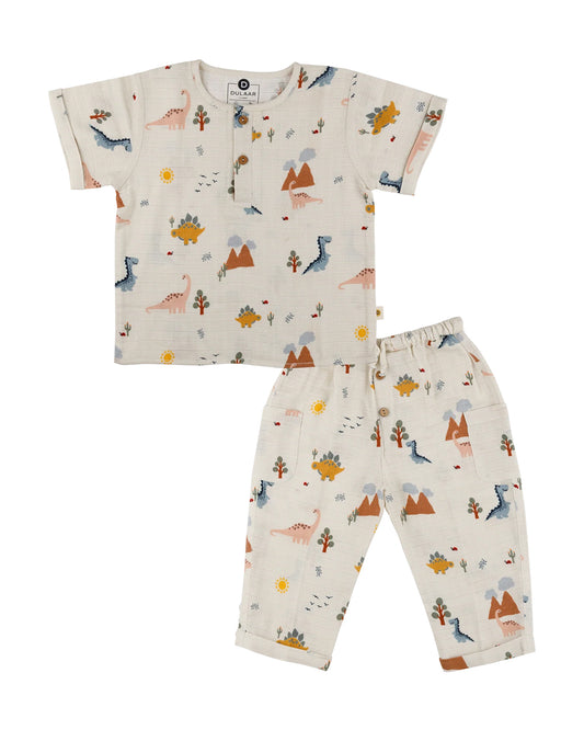 Dulaar A Day With Dinos Top & Pajama Set-Printed-Short Sleeves-Organic Cotton-For Infants
