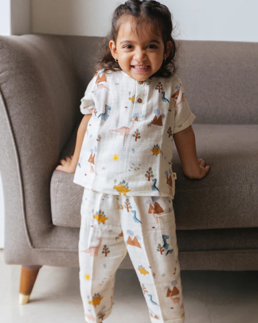 Dulaar A Day With Dinos Top & Pajama Set-Printed-Short Sleeves-Organic Cotton-For Infants