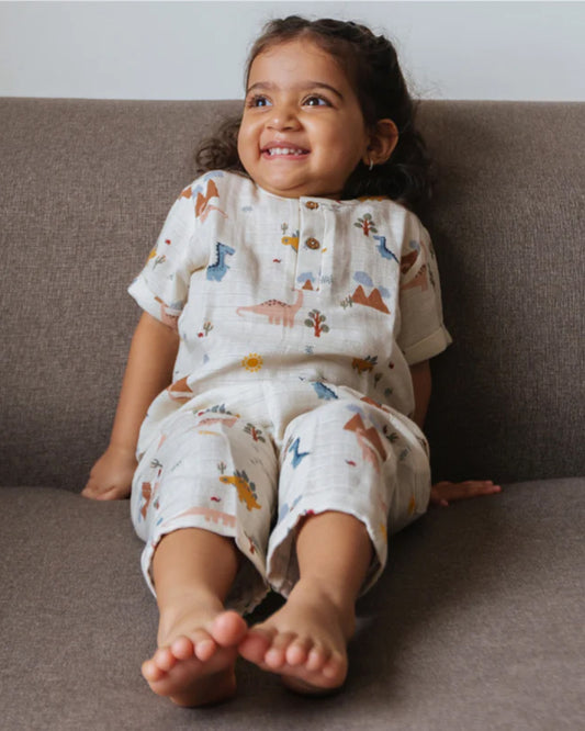 Dulaar A Day With Dinos Top & Pajama Set-Printed-Short Sleeves-Organic Cotton-For Infants