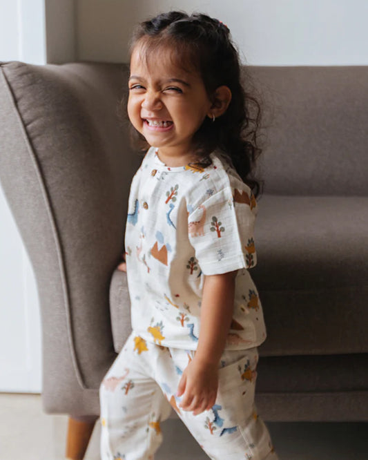 Dulaar A Day With Dinos Top & Pajama Set-Printed-Short Sleeves-Organic Cotton-For Infants