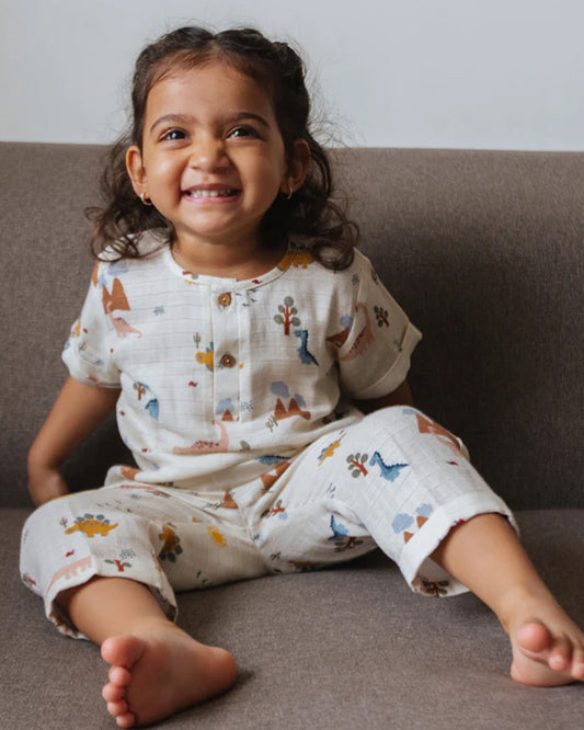 Dulaar A Day With Dinos Top & Pajama Set-Printed-Short Sleeves-Organic Cotton-For Infants