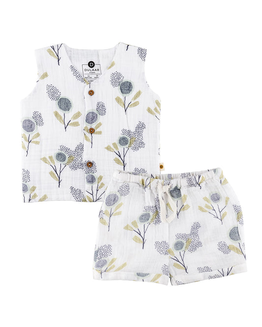 Dulaar The Sparrow-And Flower Top & Shorts Set-Printed-Sleeveless-Organic Cotton-For Infants