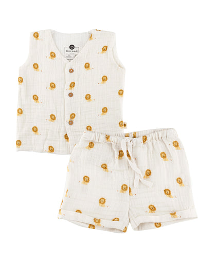 Dulaar Just-Lion Around Top & Shorts Set-Printed-Sleeveless-Organic Cotton-For Infants