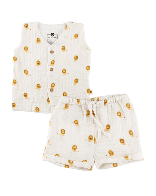 Dulaar Just-Lion Around Top & Shorts Set-Printed-Sleeveless-Organic Cotton-For Infants