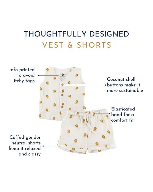 Dulaar Just-Lion Around Top & Shorts Set-Printed-Sleeveless-Organic Cotton-For Infants