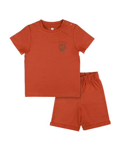 Dulaar Brick Red Top & Shorts Set-Printed-Short Sleeves-Organic Cotton-For Infants