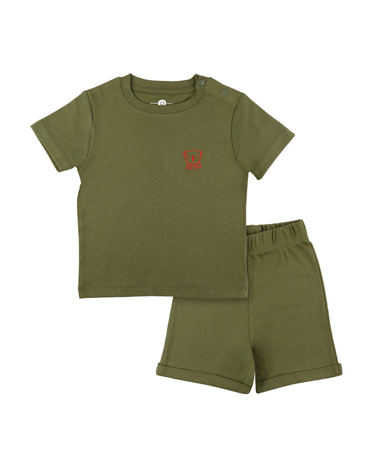 Dulaar Forest Green Top & Shorts Set-Printed-Short Sleeves-Organic Cotton-For Infants