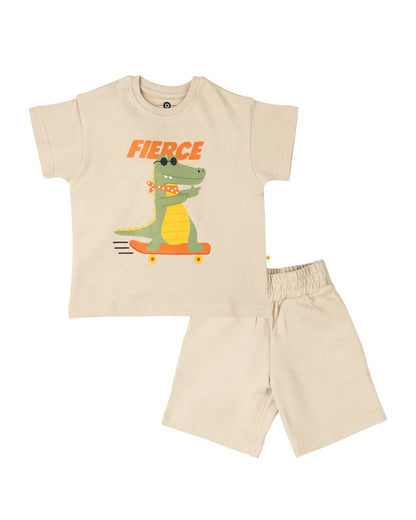 Dulaar Cleo The crocodile Top & Shorts Set-Printed-Short Sleeves-Cotton Blend-For Infants