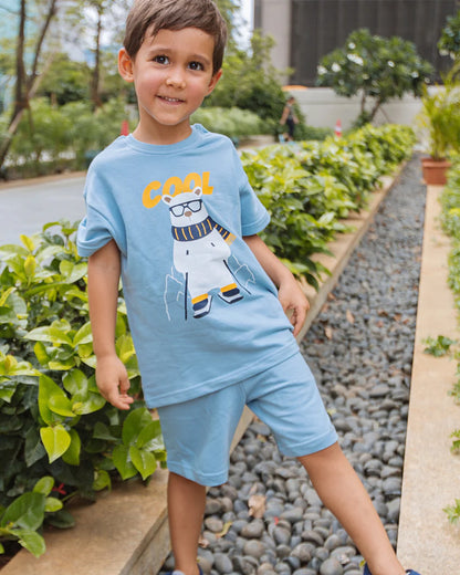 Dulaar Pogo the Polar Bear Top & Shorts Set-Printed-Short Sleeves-Cotton Blend-For Infants