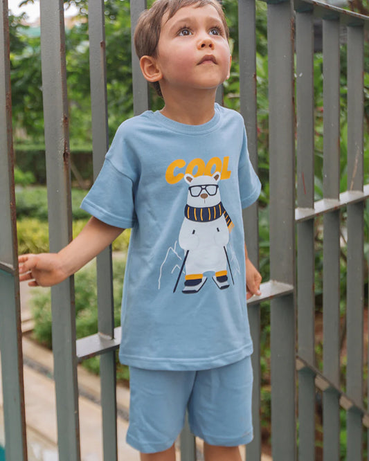 Dulaar Pogo the Polar Bear Top & Shorts Set-Printed-Short Sleeves-Cotton Blend-For Infants