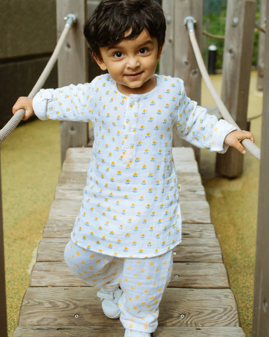 Dulaar Flowers From Sanganer Kurta Set-Printed-Long Sleeves-Organic Cotton-For Infants