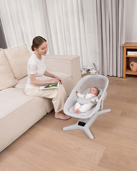 Mastela X-Multi-Motion Baby Cradle-With Touch Panel & Safety Belt-With Lounger/Seat Mode-Rocking Chair-Light Grey-0 to 36M