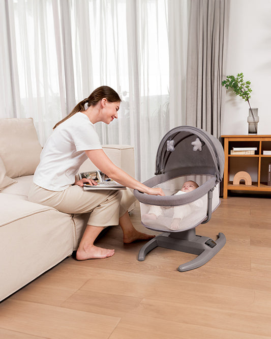 Mastela H-Multi-Motion Baby Cradle-With Touch Panel & Safety Belt-With Bed/Seat Mode & Mosquito Net-Shaker-Grey-0 to 36M